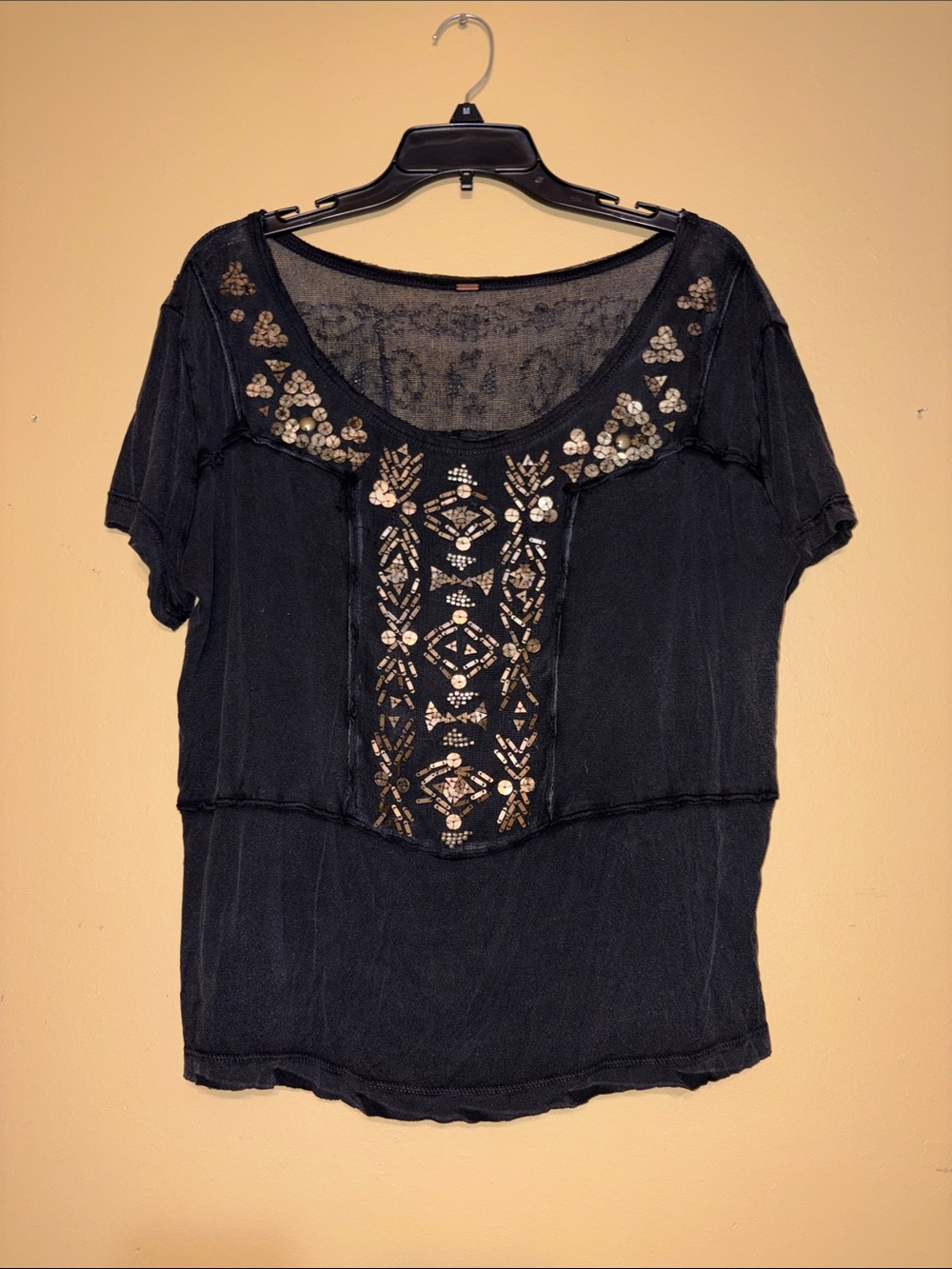 Free People Med Black Short Sleeve Scoop Neck Top with Gold Sequin Embellishment